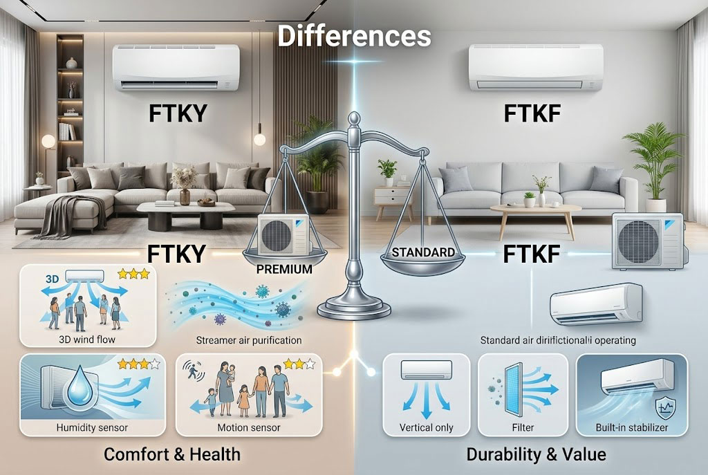 Những điểm khác biệt giữa dòng điều hòa Daikin FTKY cao cấp và FTKF tiêu chuẩn