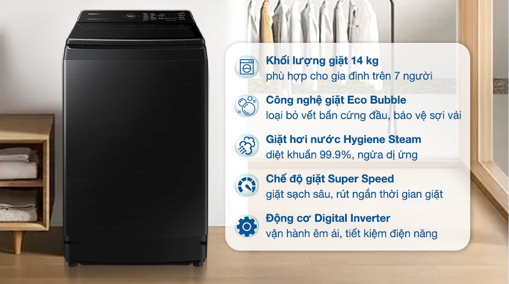 Hướng dẫn sử dụng các chức năng trên máy giặt Samsung lồng đứng WA14CG5886BV/SV 