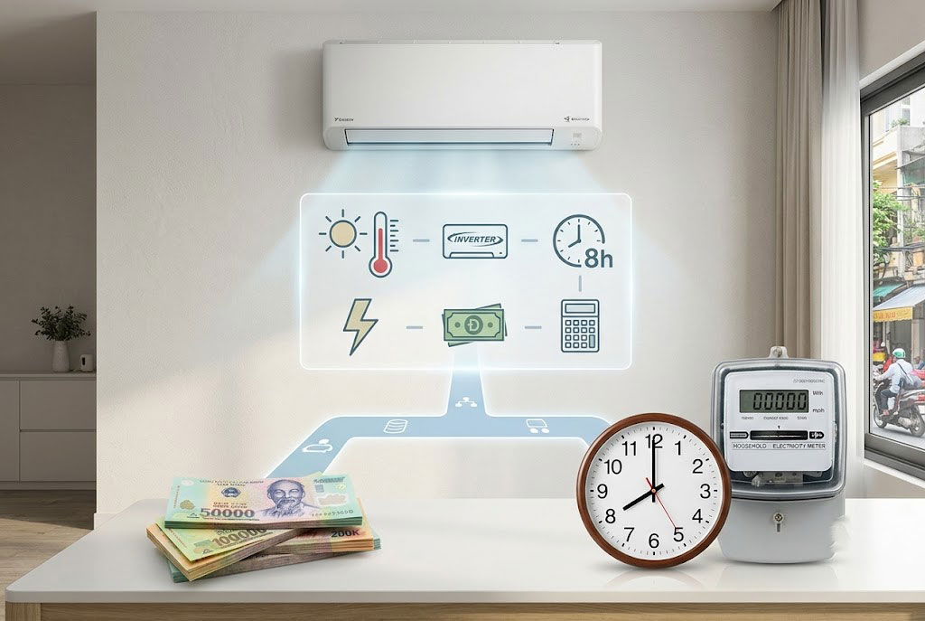 Tính tiền điện điều hòa Daikin FTKY25ZVMV: Sử dụng liên tục 8 tiếng/ngày hết bao nhiêu số điện?