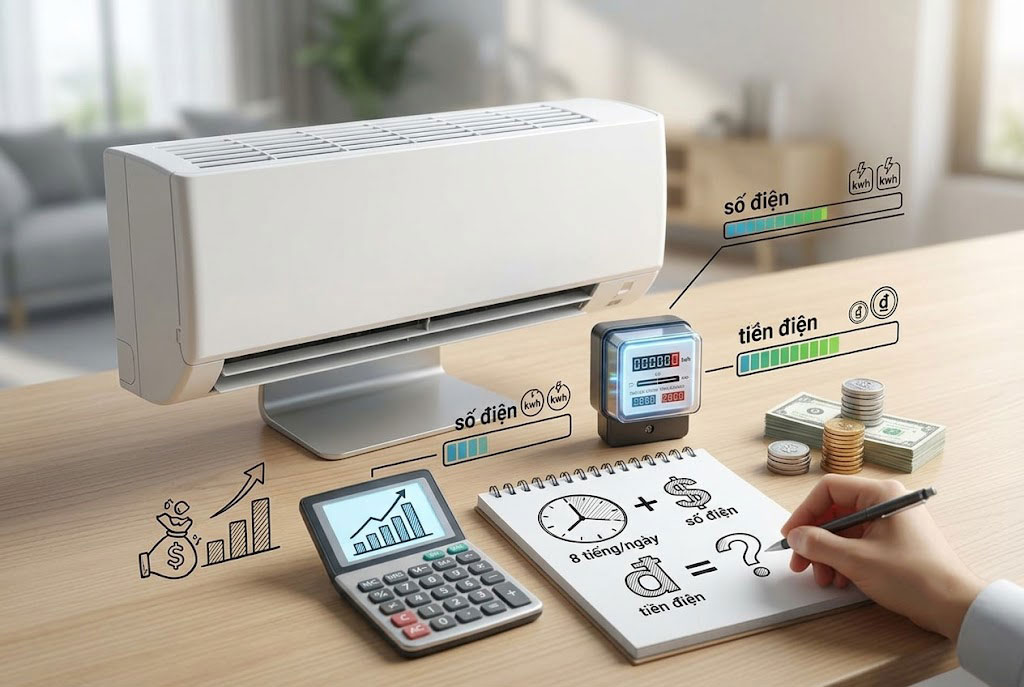 Tính tiền điện điều hòa Daikin FTKY25ZVMV: Sử dụng liên tục 8 tiếng/ngày hết bao nhiêu số điện?