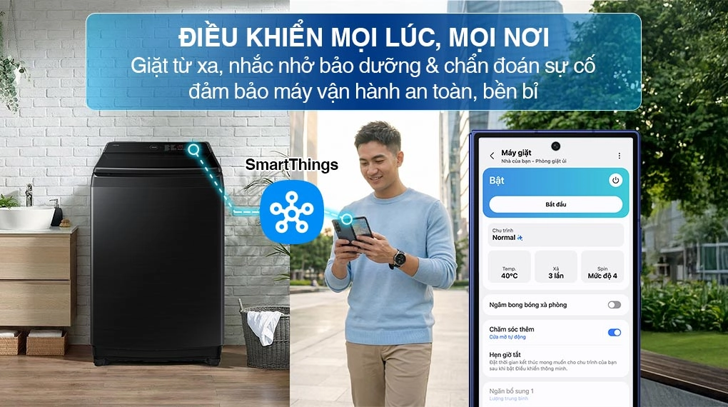 Tính năng  SmartThings trên máy giặt Samsung 15kg WA80F15B6BSV có tiện ích 