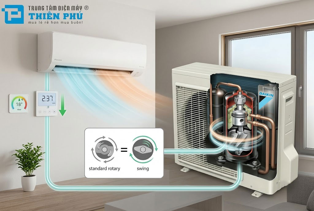 Điều hòa Daikin 24000btu FTHF71VAVMV tiêu thụ 2.37 kWh: Bí mật tiết kiệm điện nằm ở máy nén Swing