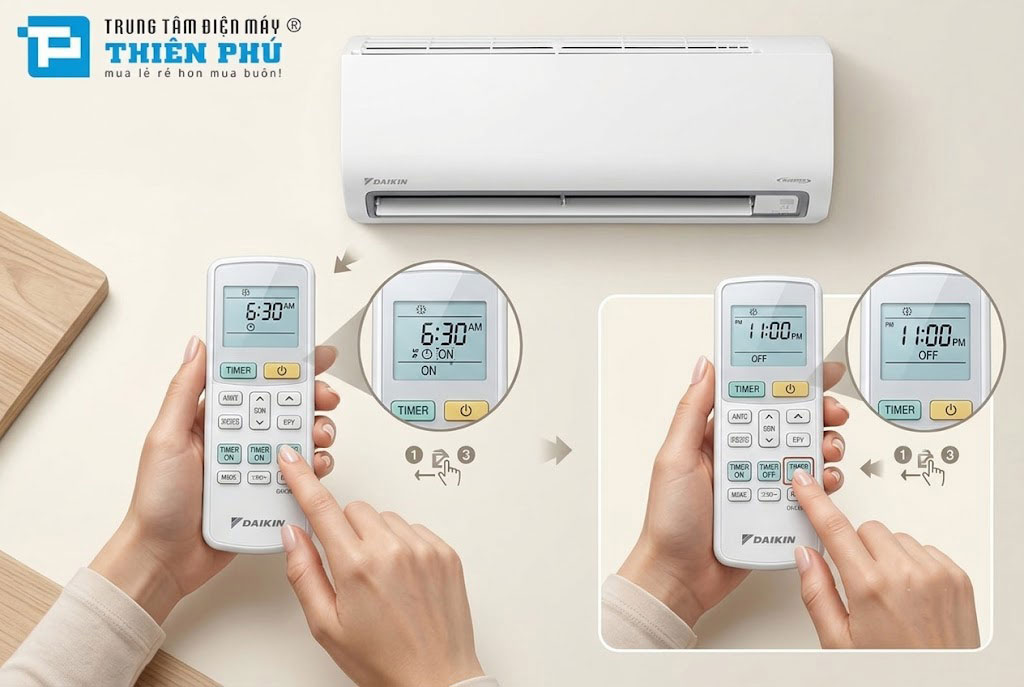 Hướng dẫn cài đặt hẹn giờ bật/tắt điều hòa Daikin inverter FTKB25ZVMV từ A đến Z