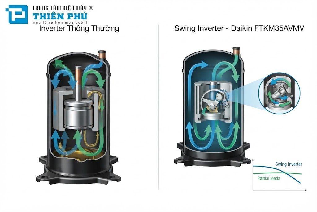 Động cơ Swing Inverter của điều hòa Daikin FTKM35AVMV vận hành khác gì so với Inverter thông thường?
