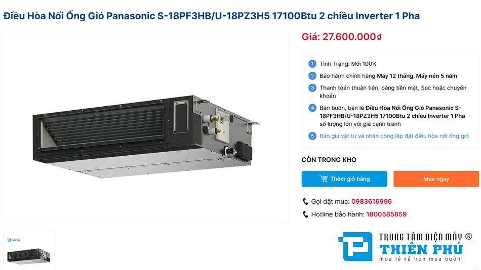 Báo giá điều hòa âm trần nối ống gió Panasonic S-18PF3HB/U-18PZ3H5 cập nhật mới nhất